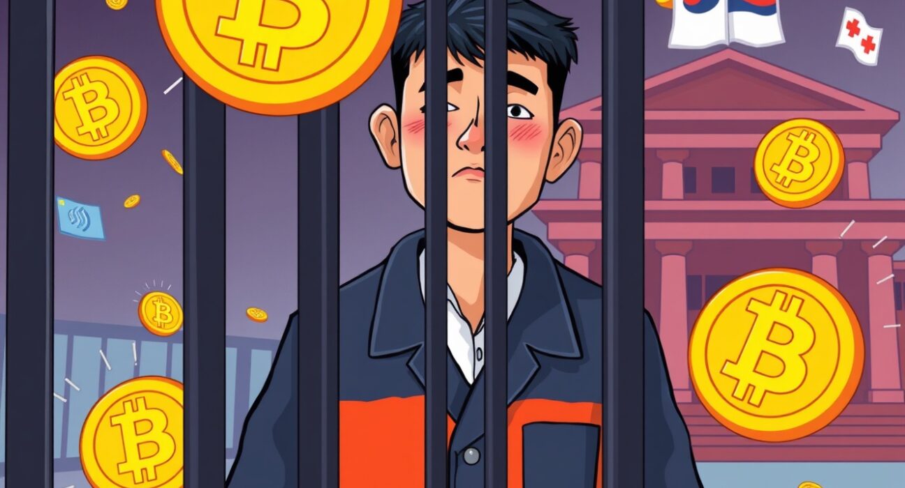 A cartoon illustration showing a person jailed for crypto mixing in South Korea, highlighting the legal consequences of illicit Bitcoin concealment.