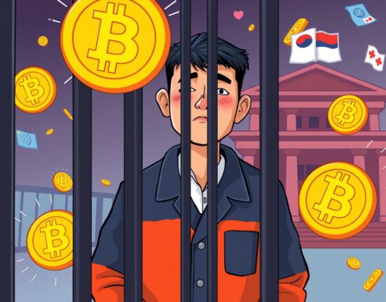A cartoon illustration showing a person jailed for crypto mixing in South Korea, highlighting the legal consequences of illicit Bitcoin concealment.