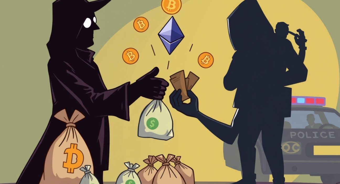 Cartoon illustrating shadowy figures involved in crypto money laundering, with digital assets and police activity in the background.
