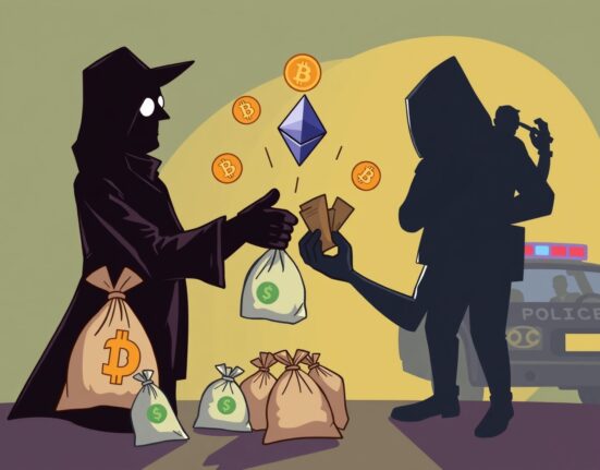 Cartoon illustrating shadowy figures involved in crypto money laundering, with digital assets and police activity in the background.