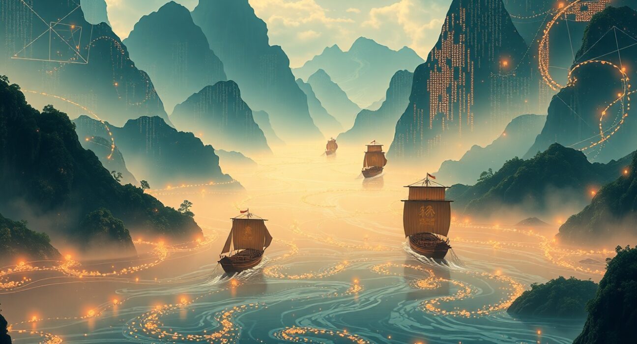 Cryptocurrency money laundering visualized as hidden data flows through blockchain networks.