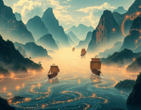 Cryptocurrency money laundering visualized as hidden data flows through blockchain networks.