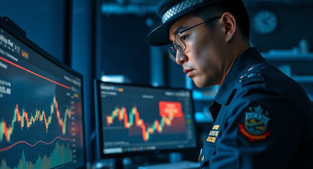South Korean police officer investigating cryptocurrency transaction data on a computer screen