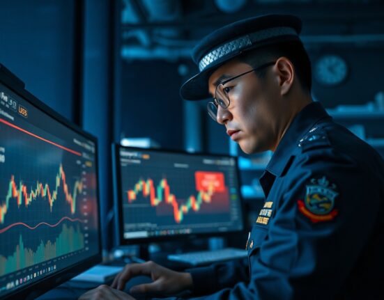 South Korean police officer investigating cryptocurrency transaction data on a computer screen