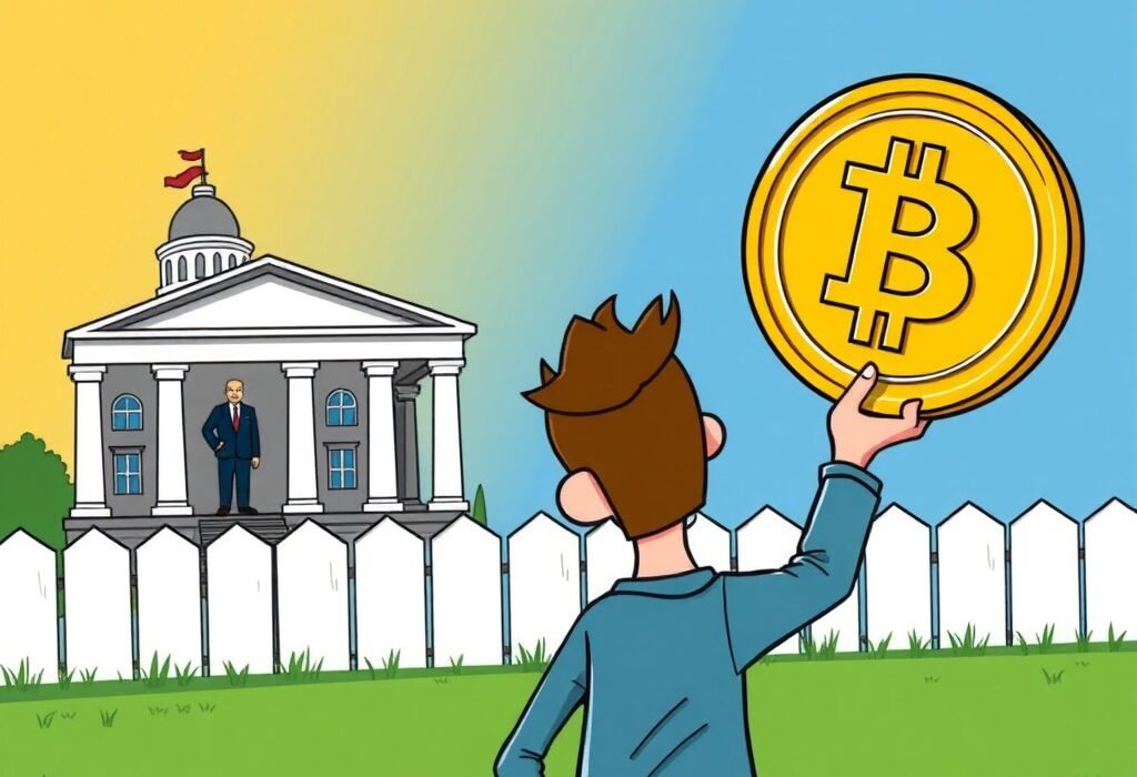 A cartoon illustration showing the concept of crypto mortgages, with a person using cryptocurrency to buy a home.