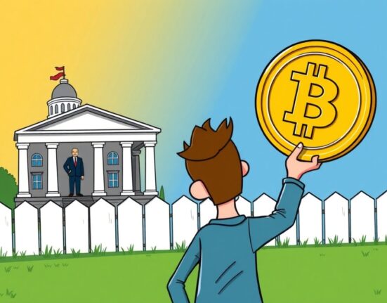 A cartoon illustration showing the concept of crypto mortgages, with a person using cryptocurrency to buy a home.