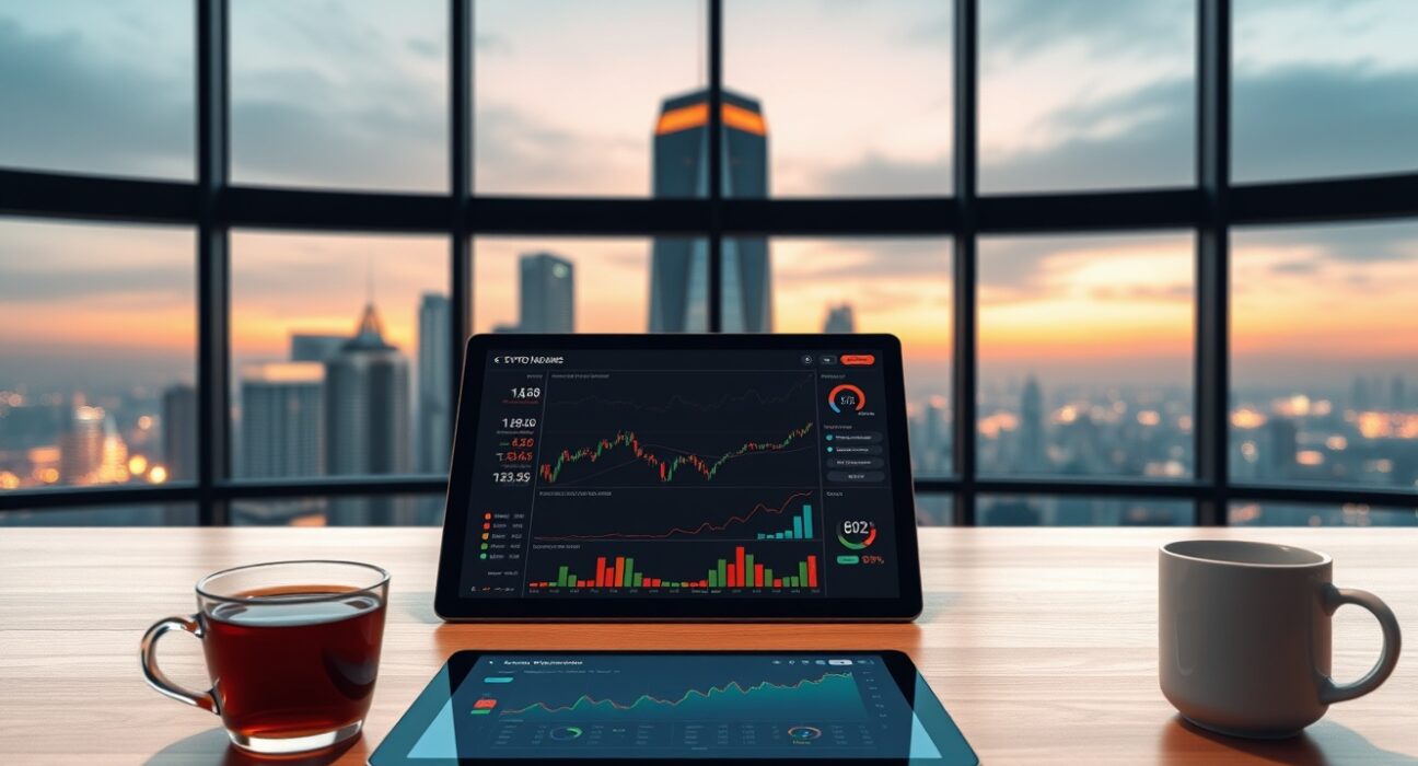 Asian financial analyst desk with crypto market dashboard on tablet, representing demand-driven crypto market shift