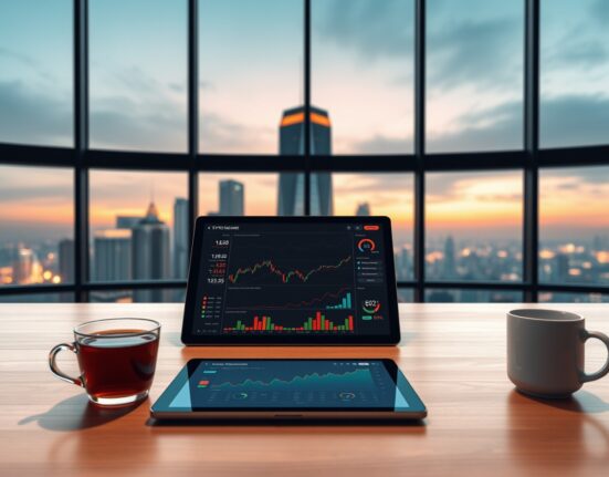 Asian financial analyst desk with crypto market dashboard on tablet, representing demand-driven crypto market shift