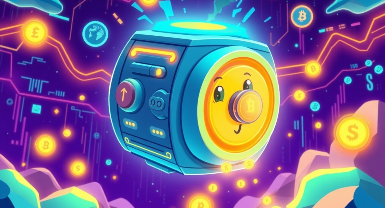 A vibrant cartoon illustration of a revolutionary crypto neobank vault receiving digital currency investments.