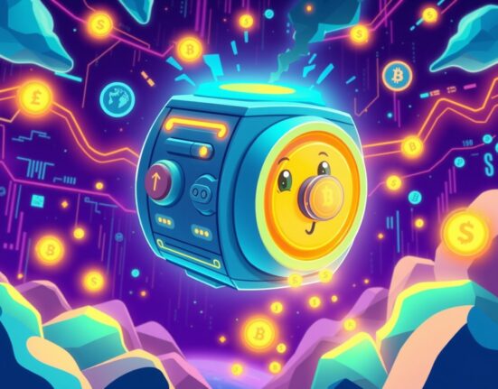 A vibrant cartoon illustration of a revolutionary crypto neobank vault receiving digital currency investments.