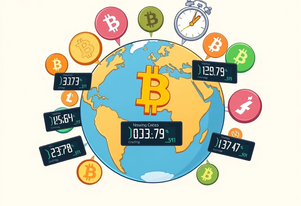 A vibrant cartoon showing a global clock and crypto symbols, illustrating Bitcoin World's 24/7 Crypto News Service schedule.