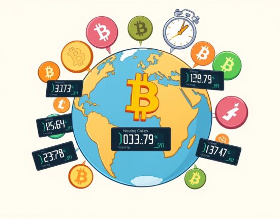 A vibrant cartoon showing a global clock and crypto symbols, illustrating Bitcoin World's 24/7 Crypto News Service schedule.