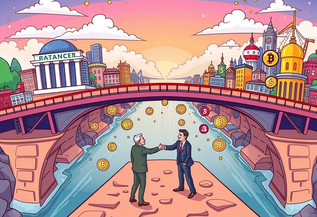 A cartoon illustration showing the strategic importance of crypto on- and off-ramps as they facilitate digital asset payments and M&A deals.