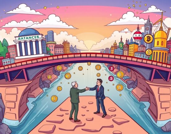 A cartoon illustration showing the strategic importance of crypto on- and off-ramps as they facilitate digital asset payments and M&A deals.