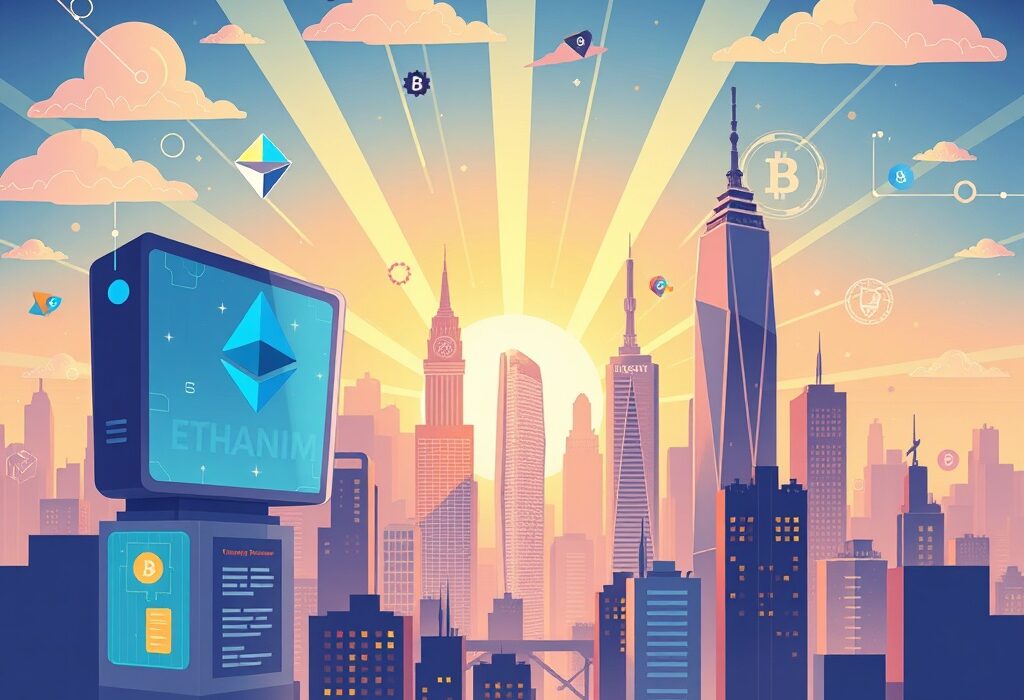 Cartoon illustration showing the exciting crypto opportunity in Ethereum, DeFi, and super-apps, highlighting future growth.