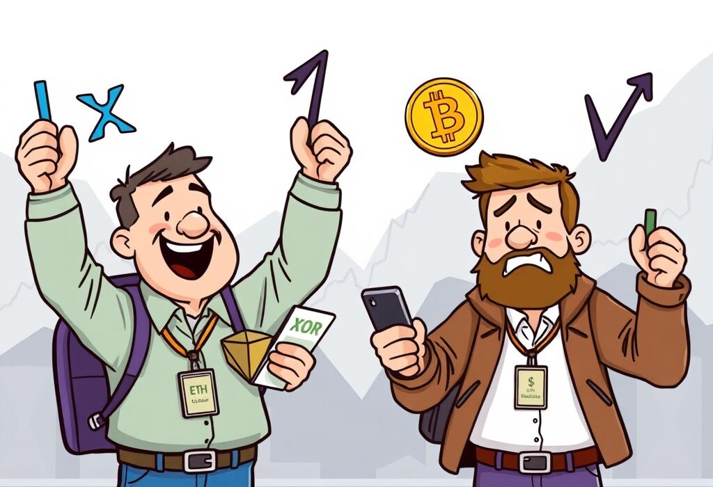 A cartoon illustration showing diverging sentiment in crypto options trading, with some traders optimistic about XRP and SOL, while others are cautious about BTC and ETH.
