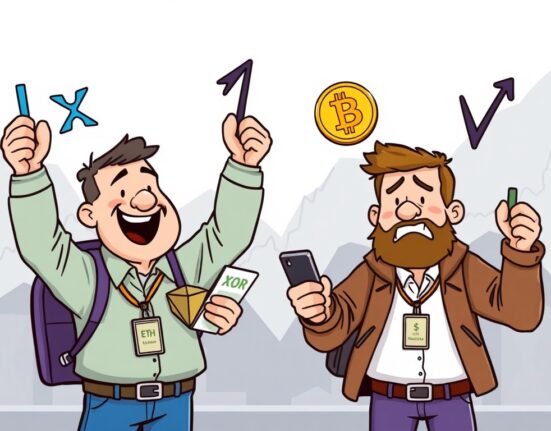 A cartoon illustration showing diverging sentiment in crypto options trading, with some traders optimistic about XRP and SOL, while others are cautious about BTC and ETH.