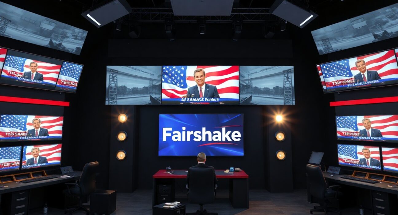 Television studio control room displaying campaign ads and Fairshake logo on multiple screens, representing record political spending.