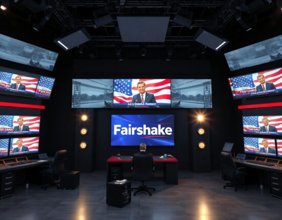 Television studio control room displaying campaign ads and Fairshake logo on multiple screens, representing record political spending.
