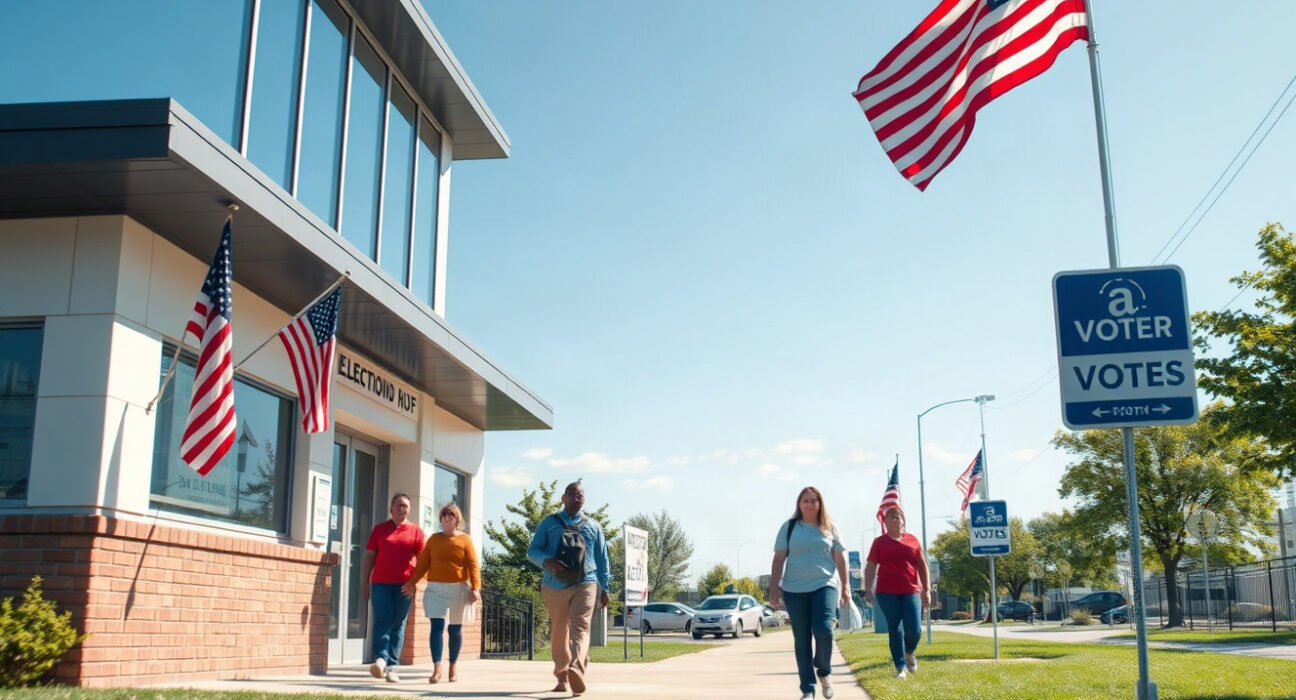 Voters approach a polling station on election day in Florida, with subtle digital currency symbols in the sky