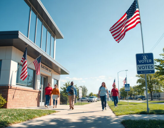 Voters approach a polling station on election day in Florida, with subtle digital currency symbols in the sky