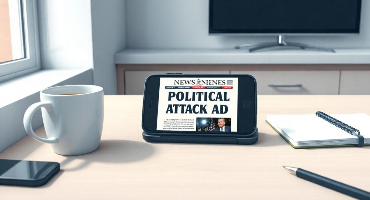 Smartphone displaying a political attack ad with a fabricated newspaper headline on a newsroom desk.