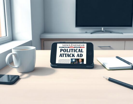 Smartphone displaying a political attack ad with a fabricated newspaper headline on a newsroom desk.