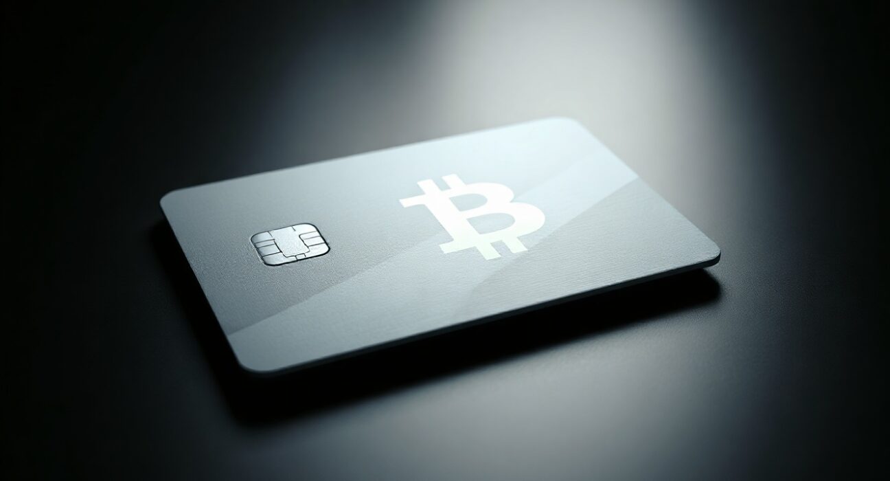 A modern cryptocurrency debit card with a Bitcoin symbol on a dark reflective surface.