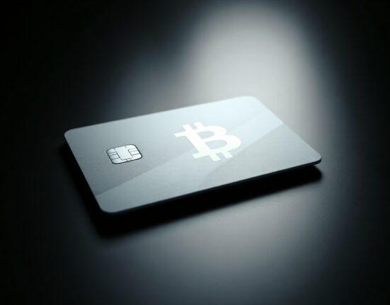 A modern cryptocurrency debit card with a Bitcoin symbol on a dark reflective surface.
