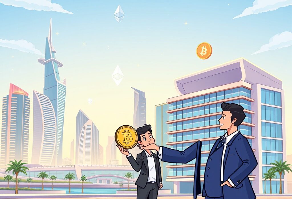 Cartoon illustration showing the ease of crypto payments for real estate in the UAE, with digital currencies integrated into property transactions.