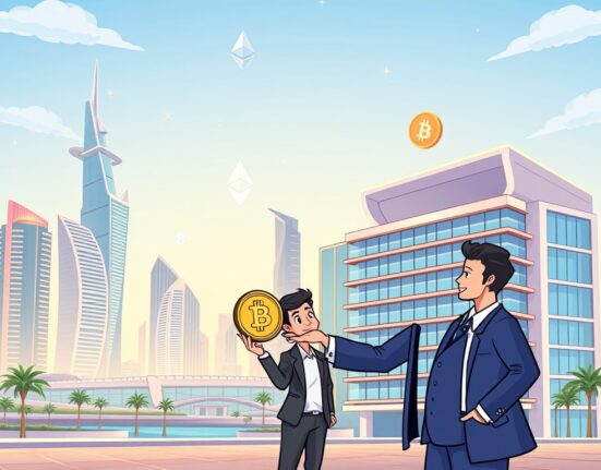 Cartoon illustration showing the ease of crypto payments for real estate in the UAE, with digital currencies integrated into property transactions.