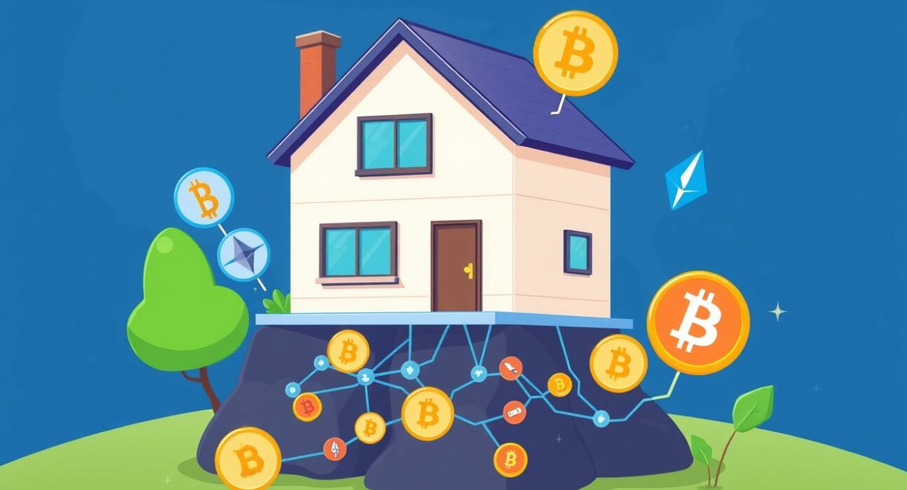 A cartoon illustration showing how crypto payments real estate transactions are revolutionizing property acquisition in the US.