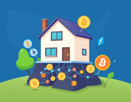A cartoon illustration showing how crypto payments real estate transactions are revolutionizing property acquisition in the US.