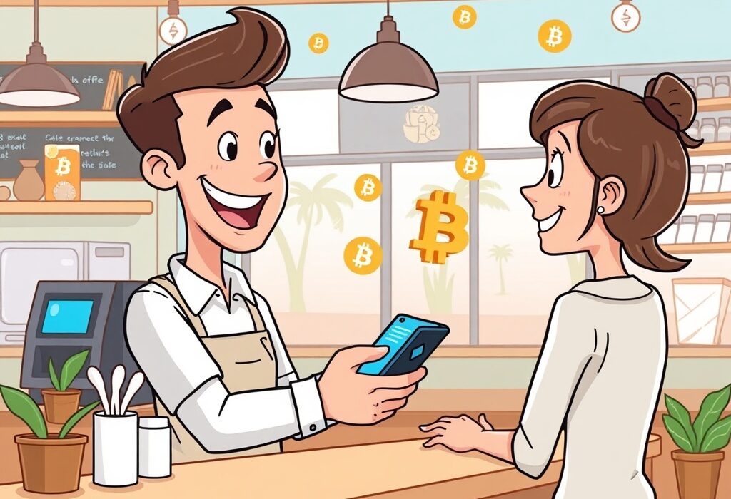 A cartoon illustration of a customer making seamless crypto payments at a coffee shop, symbolizing the future of retail transactions.