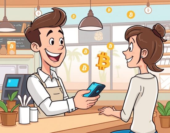 A cartoon illustration of a customer making seamless crypto payments at a coffee shop, symbolizing the future of retail transactions.