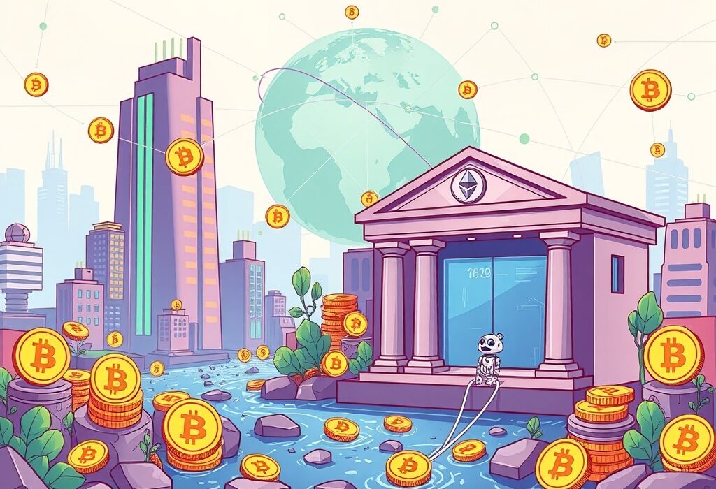 Cartoon showing Crypto Payments Transformation with digital currency flowing into a bank, highlighting AI's role in global finance.