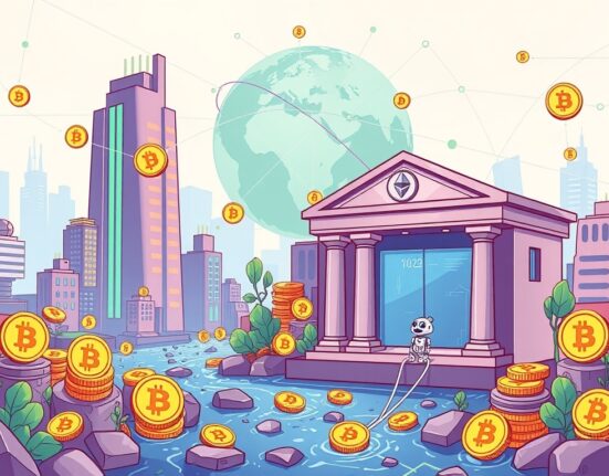 Cartoon showing Crypto Payments Transformation with digital currency flowing into a bank, highlighting AI's role in global finance.