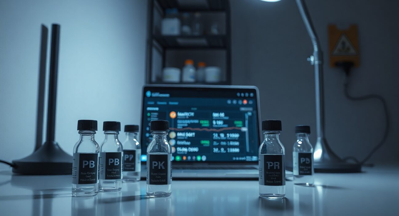Laboratory vials and laptop showing crypto wallet on a desk in a dimly lit room.