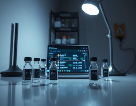 Laboratory vials and laptop showing crypto wallet on a desk in a dimly lit room.