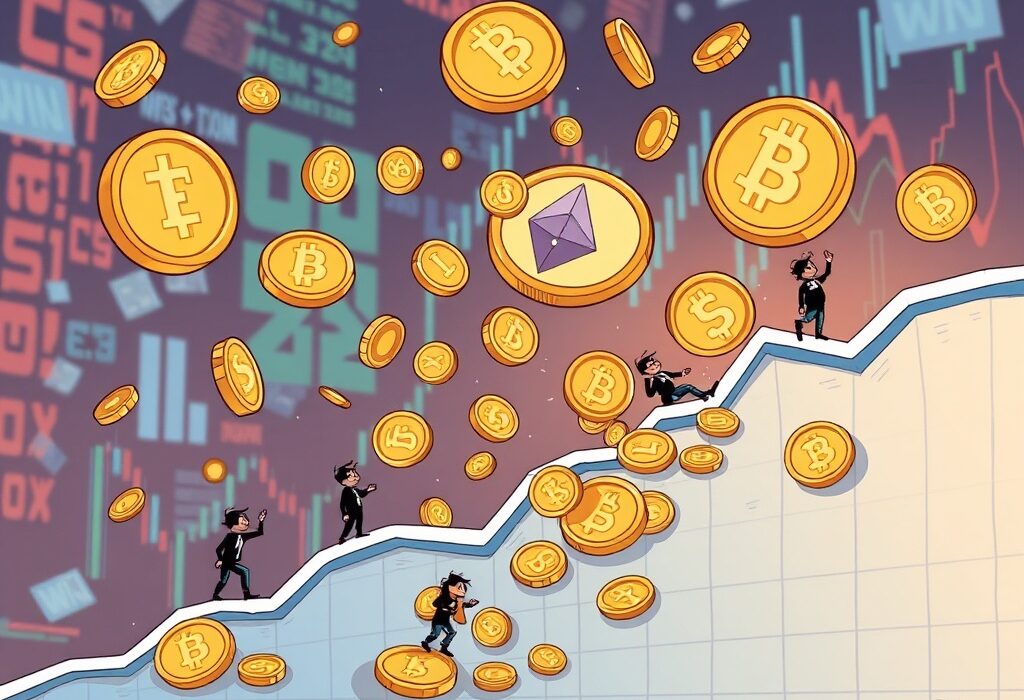 A dramatic cartoon illustration showing the impact of crypto perpetual futures liquidation on digital assets and traders, emphasizing market volatility.