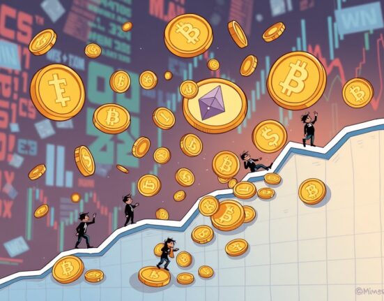 Cartoon illustration showing the significant impact of crypto perpetual futures liquidation on the market, with falling digital assets.