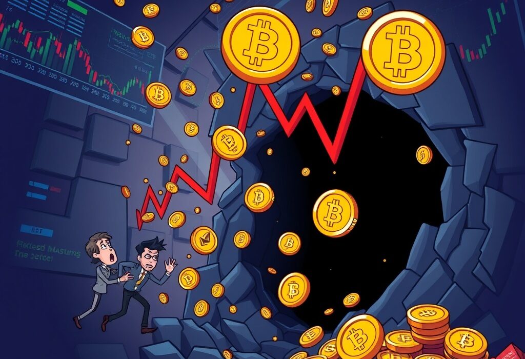 A cartoon illustration showing digital coins falling into a vortex, representing the significant impact of crypto perpetual futures liquidations on traders.