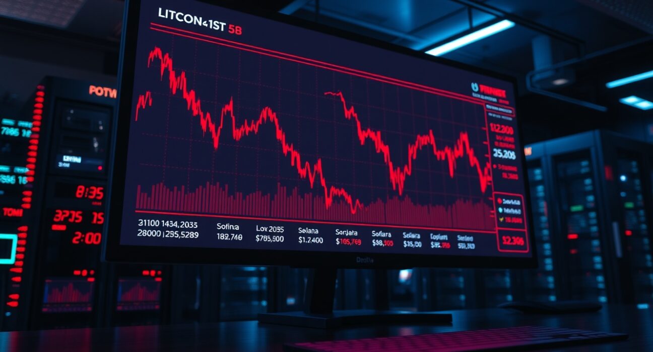 Digital trading screen displaying cryptocurrency liquidation data for BTC, ETH, and SOL