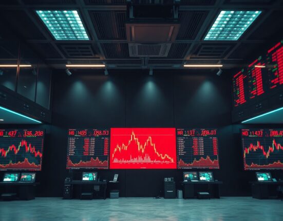 Dimly lit trading floor with monitors showing red candlestick charts and liquidation data