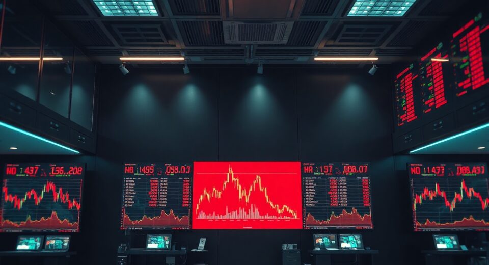 Dimly lit trading floor with monitors showing red candlestick charts and liquidation data