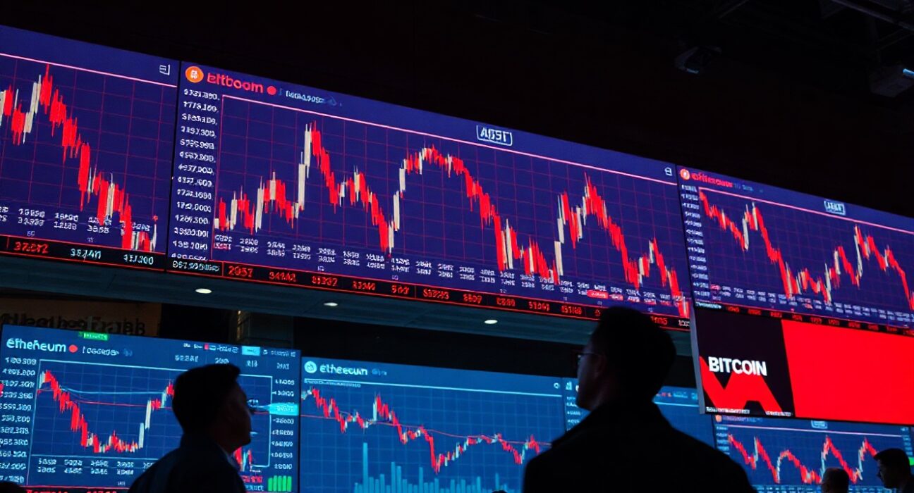 Trading floor with red candlestick charts showing crypto liquidation data