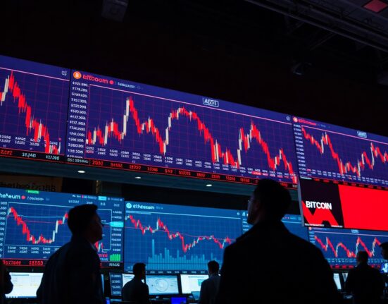 Trading floor with red candlestick charts showing crypto liquidation data