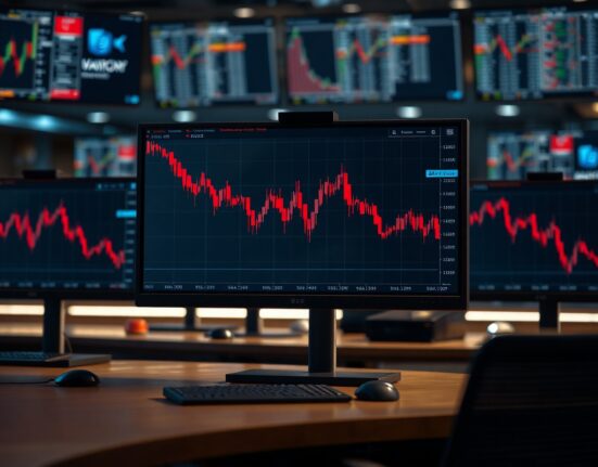 Trading monitors showing declining crypto futures volume charts in July