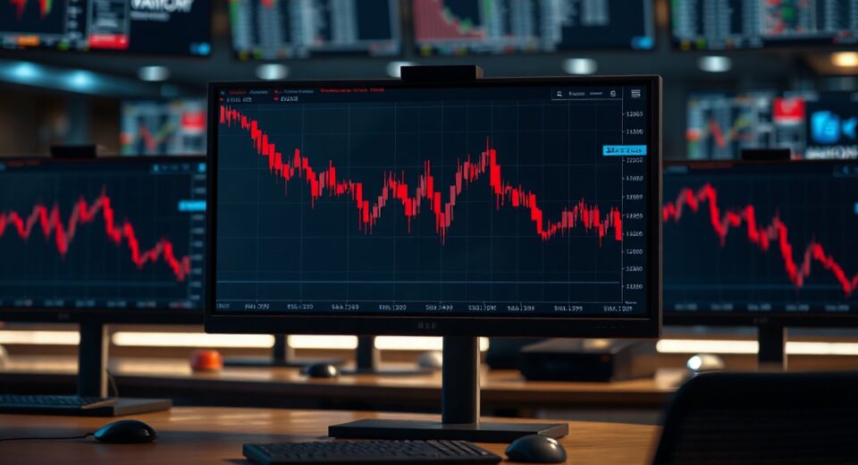 Trading monitors showing declining crypto futures volume charts in July