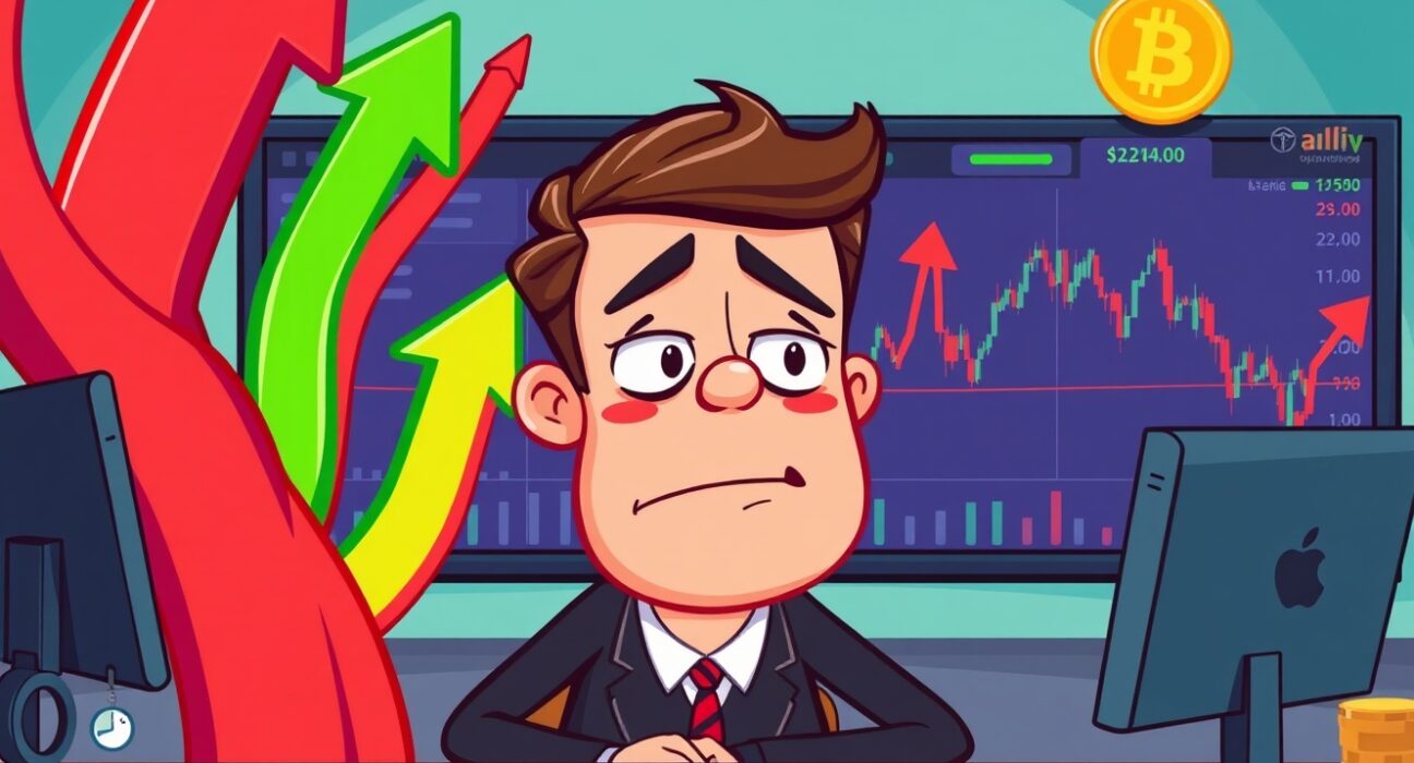 A cartoon illustration of dramatic crypto perpetuals liquidations causing market volatility on a trader's screen.